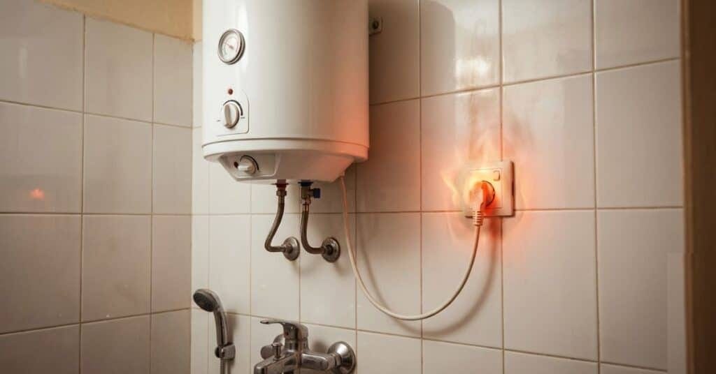 Electric geyser mounted on bathroom wall with overheating power cable showing heat stress
