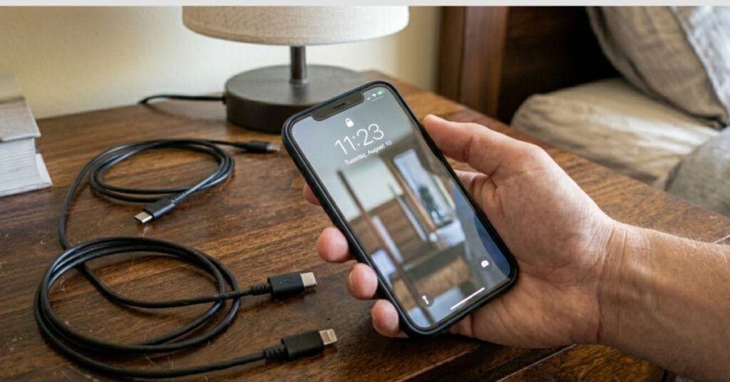 Hand holding smartphone at 100 percent battery after charging showing slight warmth