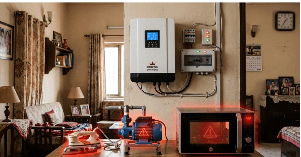 Home inverter unit on wall with household appliances showing warning signs of overload
