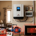 Home inverter unit on wall with household appliances showing warning signs of overload