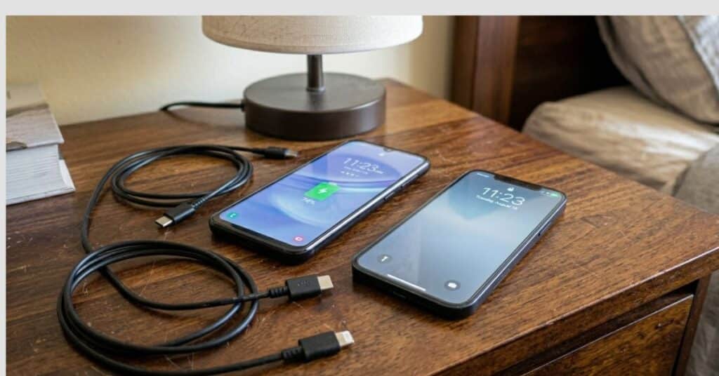 Samsung A15 and iPhone 12 at 70 to 80 percent battery unplugged from charger on desk