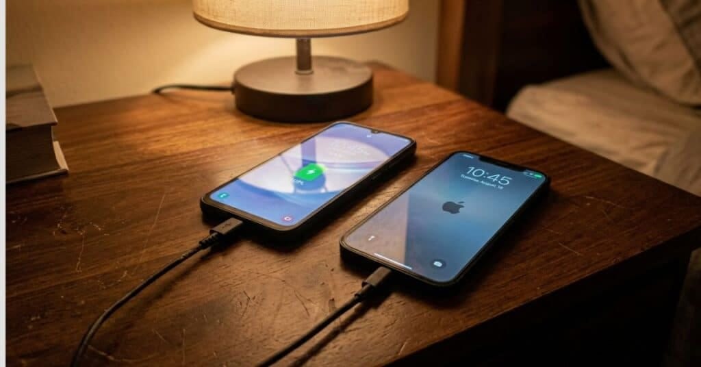 Samsung A15 and iPhone 12 charging overnight at 100 percent showing heat retention