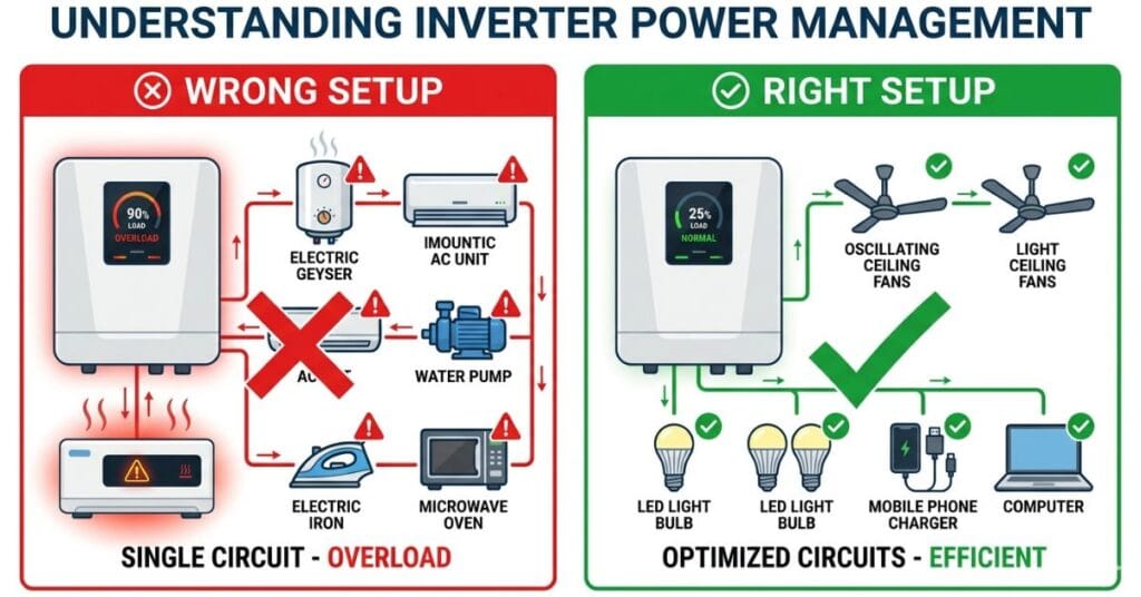 Split diagram comparing wrong inverter load setup with heavy appliances versus correct setup with only light loads