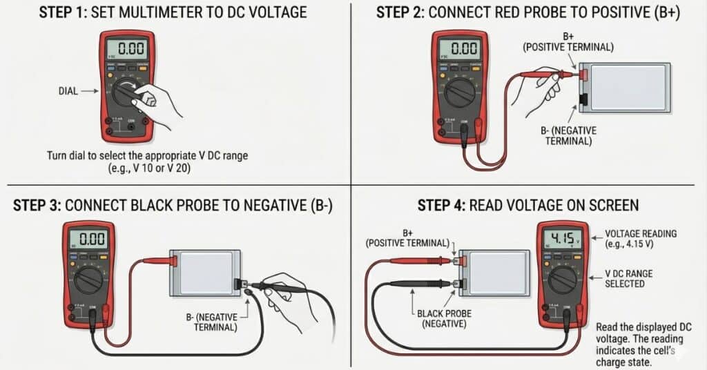 diagram showing how to test battery with multimeter positive and negative terminals
