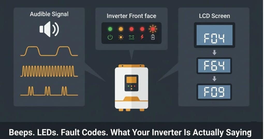 Diagnostic illustration showing three inverter communication channels — beep patterns, LED indicators, and LCD fault codes for Pakistani home inverters