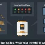 Diagnostic illustration showing three inverter communication channels — beep patterns, LED indicators, and LCD fault codes for Pakistani home inverters