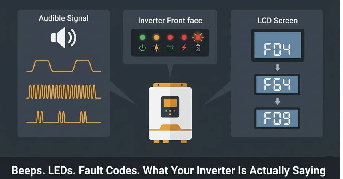 Diagnostic illustration showing three inverter communication channels — beep patterns, LED indicators, and LCD fault codes for Pakistani home inverters