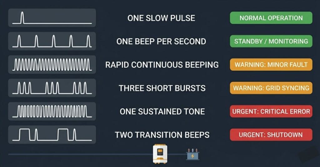 Infographic chart showing six inverter beep patterns with color-coded urgency levels from normal battery mode to critical fault alarm