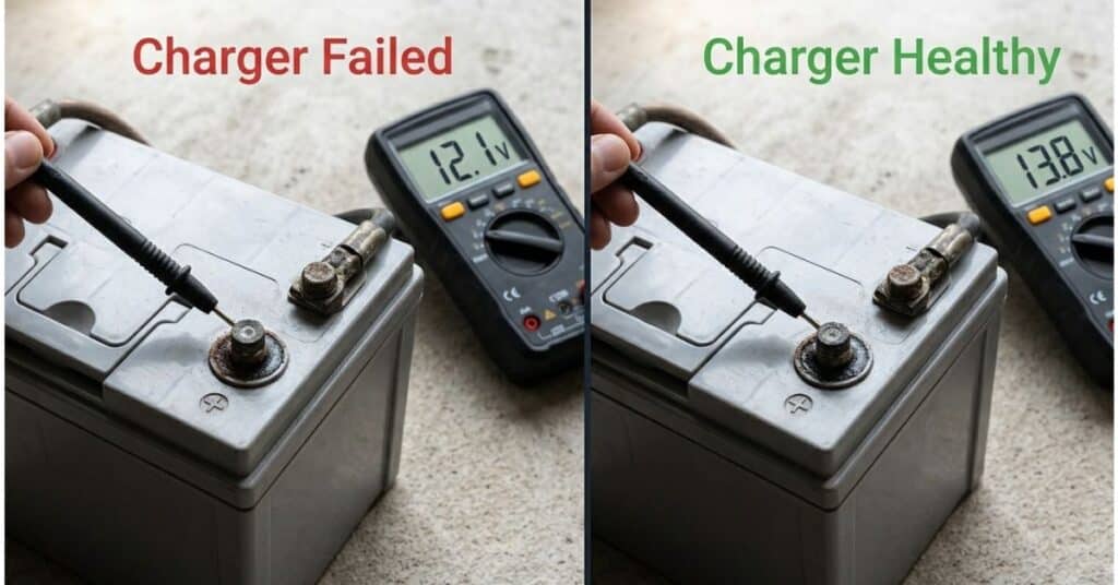 Split comparison showing multimeter reading 12.1V indicating charger failure versus 13.8V indicating healthy charging on a 12V inverter battery