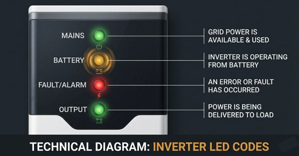 Annotated diagram of home inverter front panel LED indicators showing what each light state means including steady green mains, flashing amber battery, and red fault