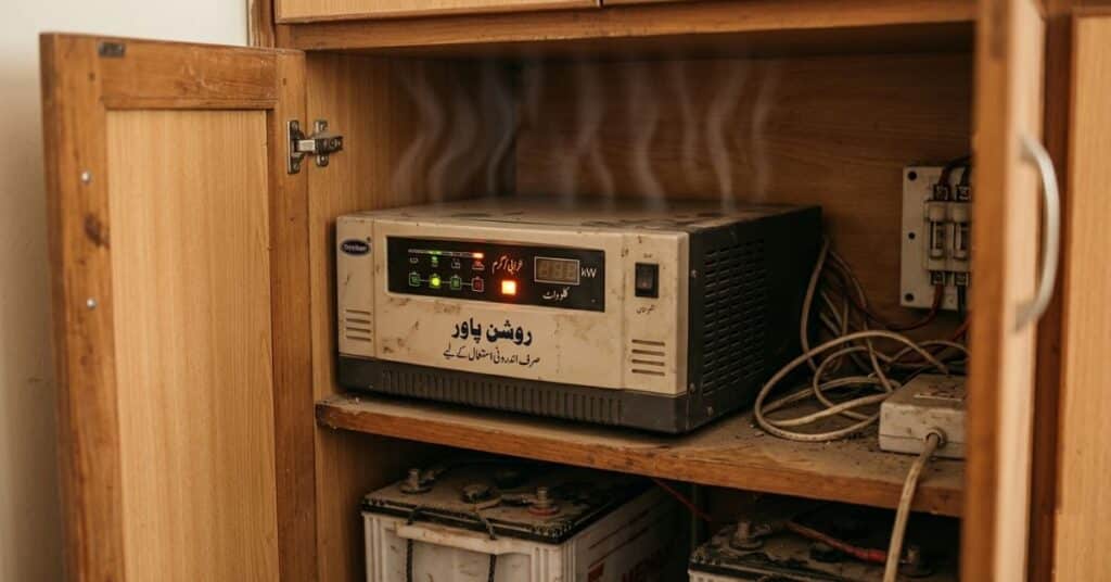 Home inverter installed in a sealed wooden cabinet with no ventilation clearance and heat buildup visible, causing thermal protection trips in Pakistani summer
