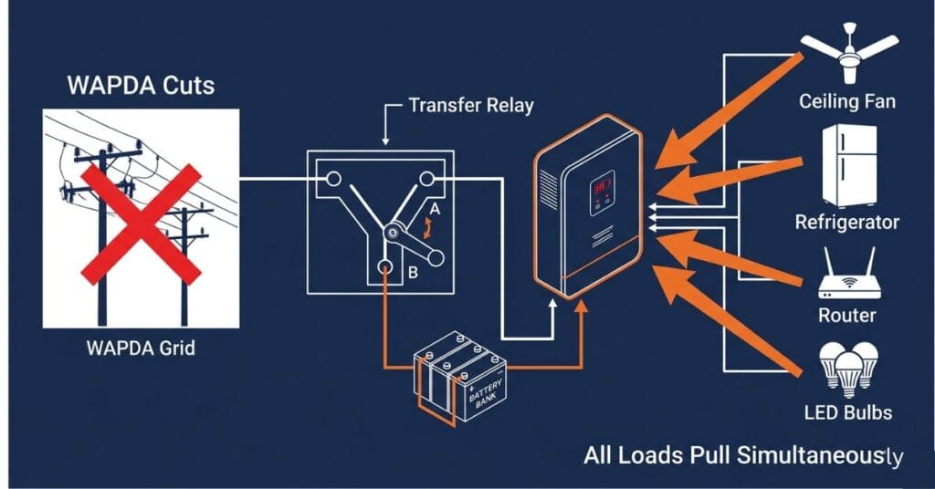 Technical diagram showing WAPDA power cutting off and inverter transfer relay switching while all home appliances pull current simultaneously