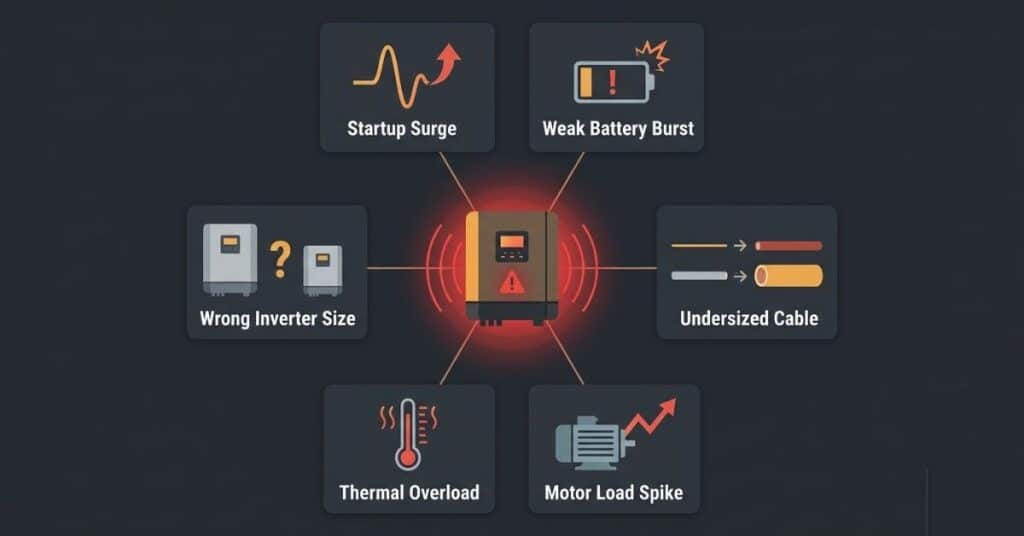 Diagnostic illustration showing six causes of an inverter tripping at load shedding switchover including startup surge, weak battery, and undersized cable