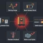 Diagnostic illustration showing six causes of an inverter tripping at load shedding switchover including startup surge, weak battery, and undersized cable