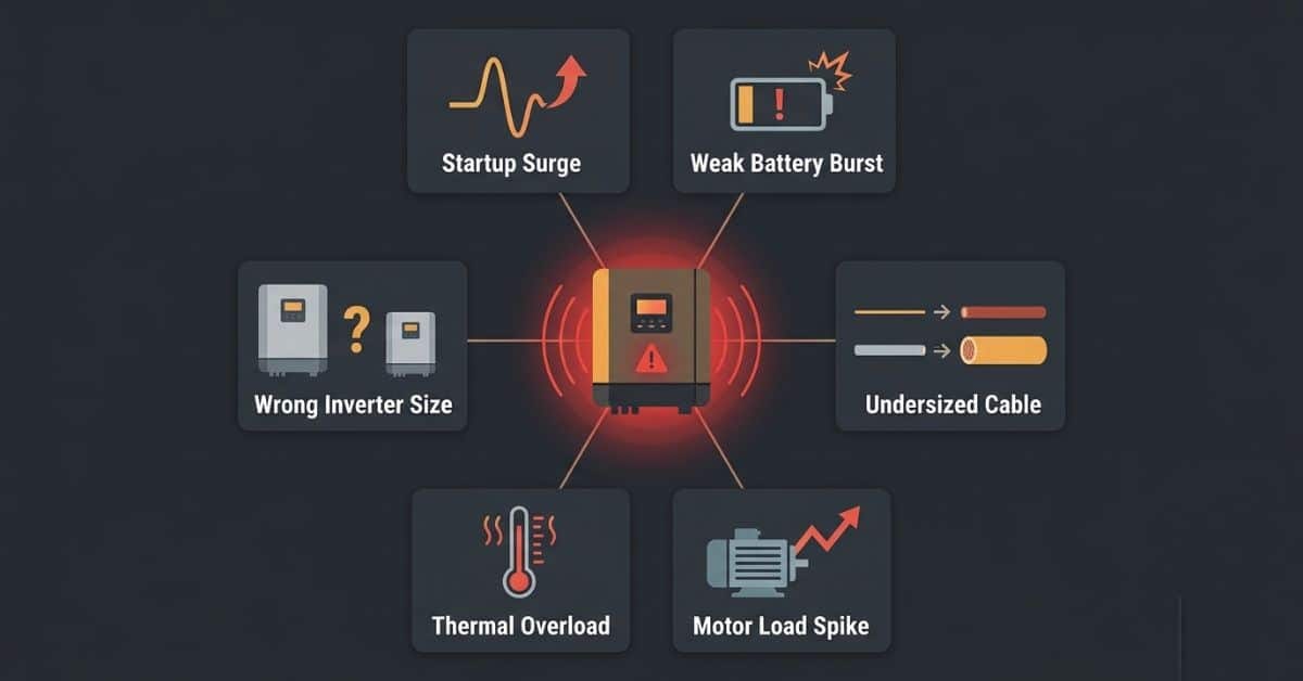 Diagnostic illustration showing six causes of an inverter tripping at load shedding switchover including startup surge, weak battery, and undersized cable