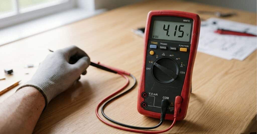 multimeter displaying battery voltage reading