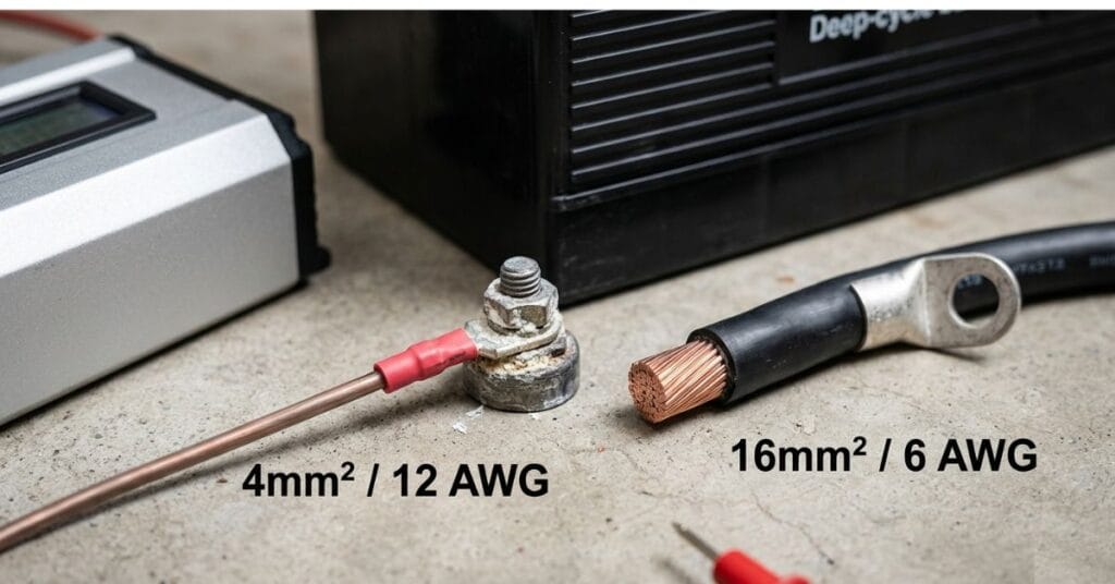 Side by side comparison of undersized inverter battery cable next to correct gauge cable, with corroded terminal connection visible