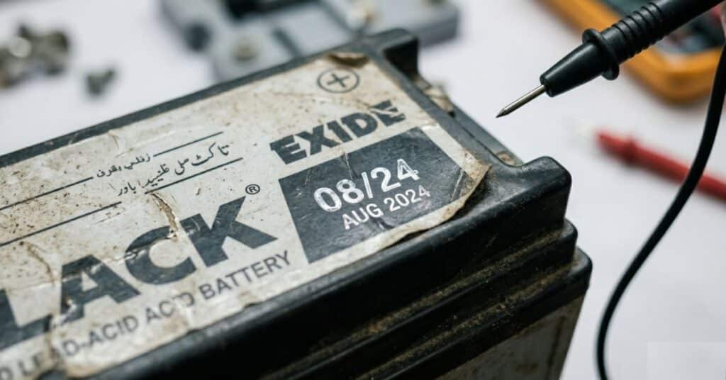 Close-up of lead-acid battery casing showing manufacturing date stamp with multimeter nearby