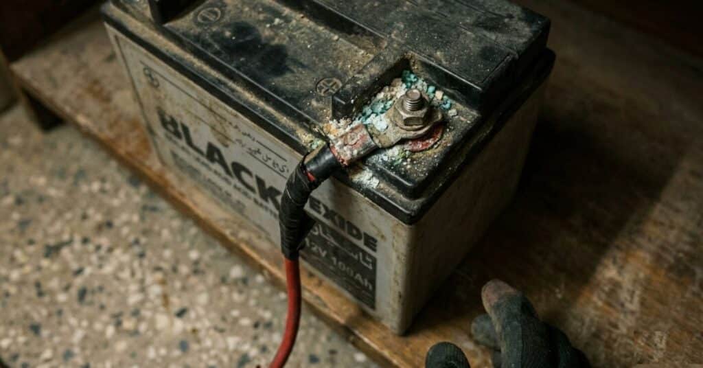 UPS battery terminal with white corrosion buildup and undersized cable showing poor connection quality