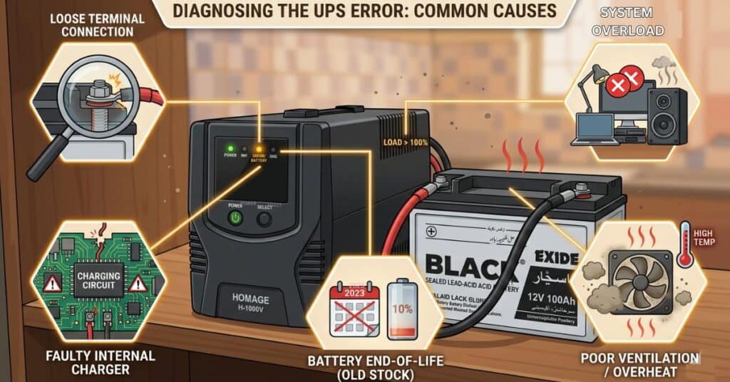 Diagnostic illustration showing six possible causes of a UPS beeping constantly despite having a new battery