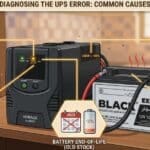 Diagnostic illustration showing six possible causes of a UPS beeping constantly despite having a new battery