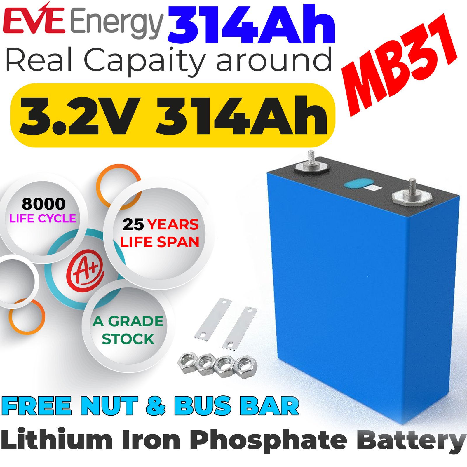 EVE MB31 3.2V 314Ah LiFePO4 Battery Cell 8000 Cycle Life Lithium Cell in Pakistan