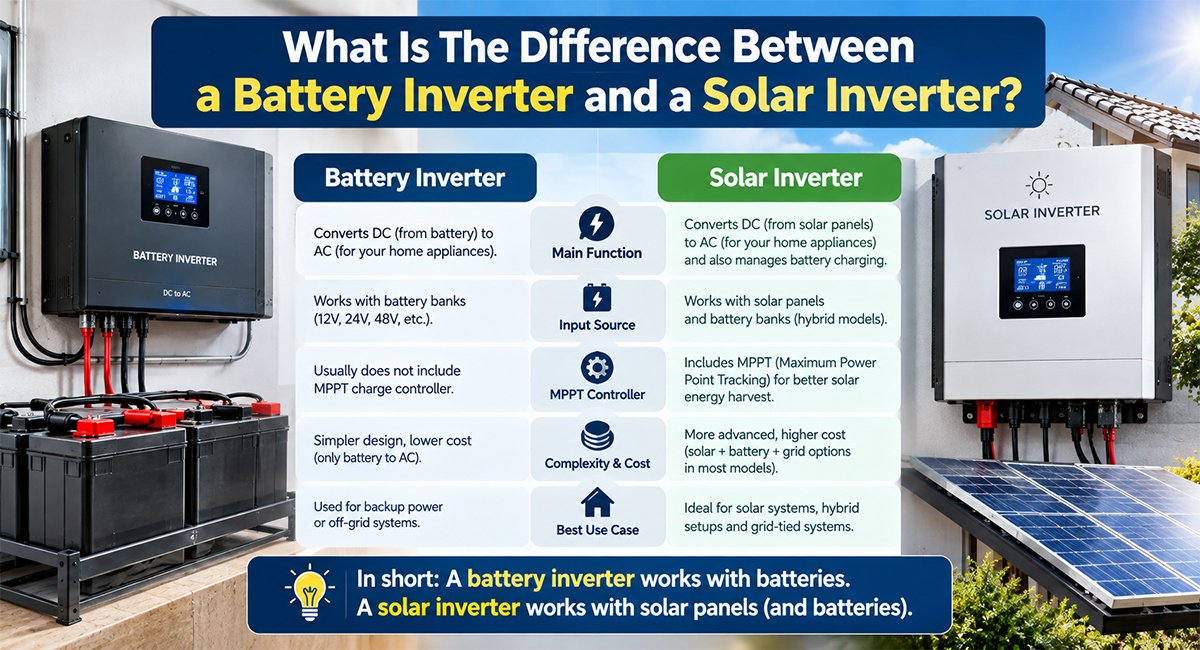 Comparison of battery inverter, solar inverter, and hybrid inverter systems
